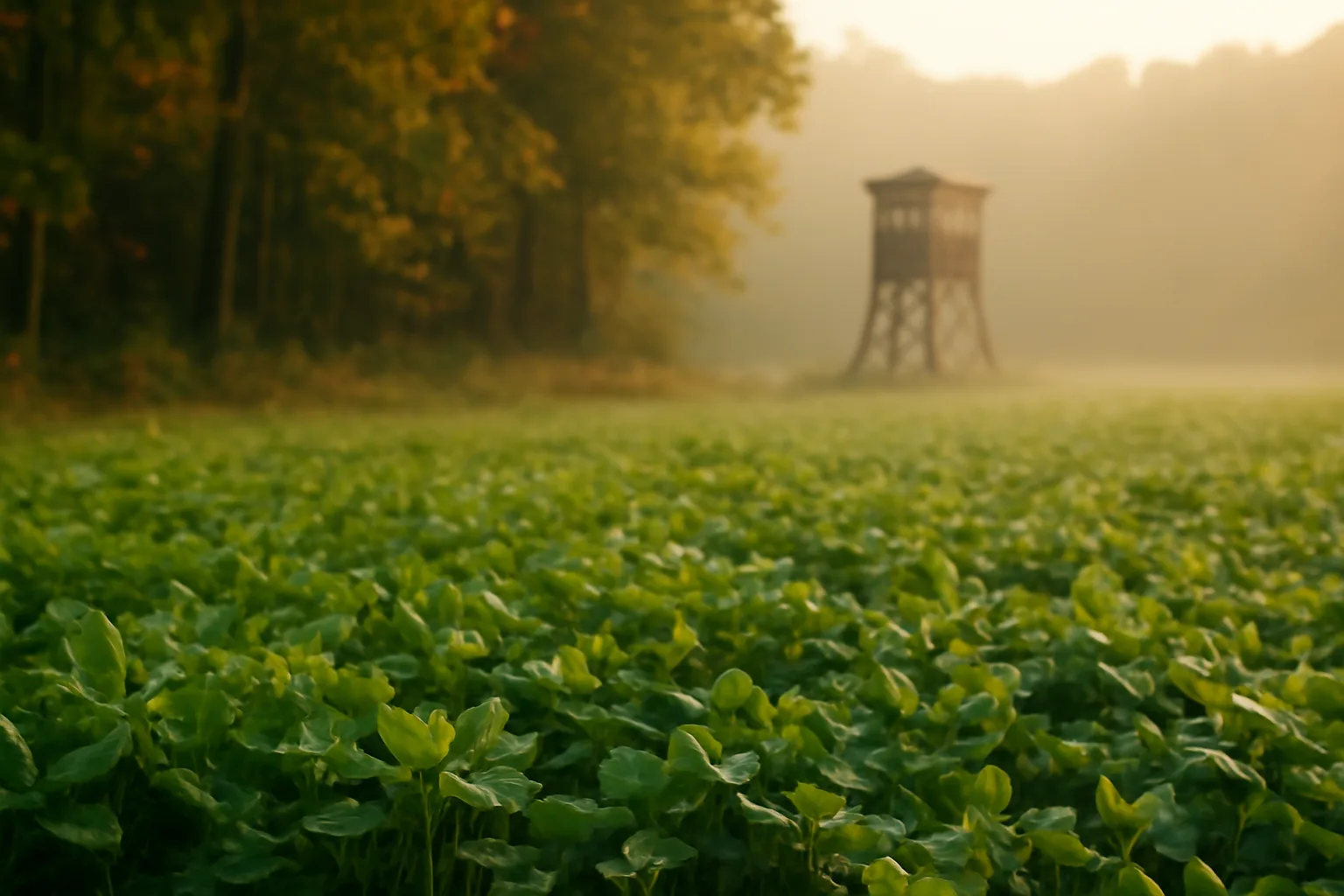 Green clover food plot bordered by autumn hardwoods in rural Tennessee at dusk
