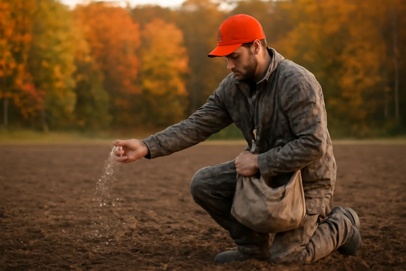 Hunter broadcasting seed by hand in a disked October food plot clearing