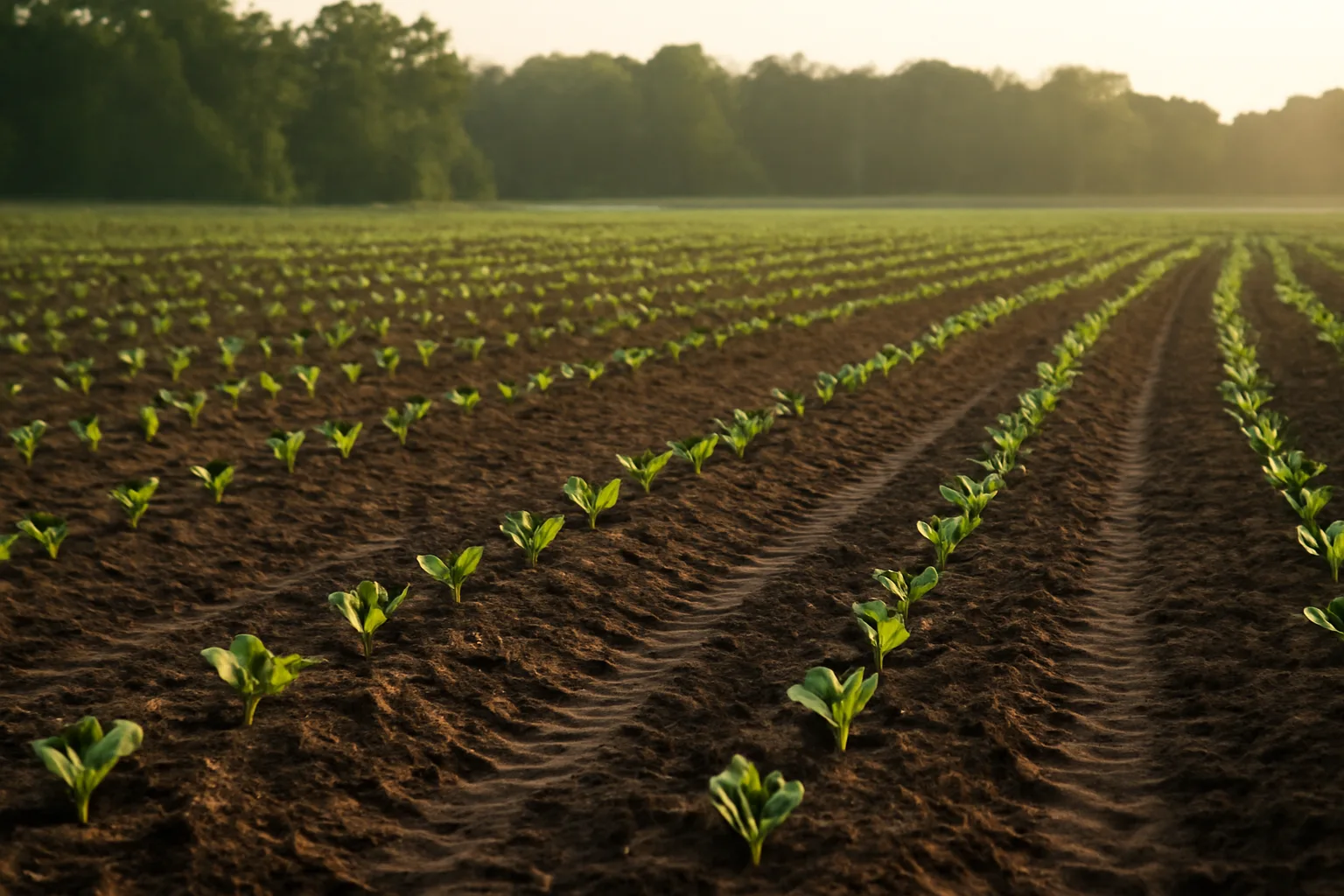 Freshly planted food plot field with brassica seedlings emerging in August soil