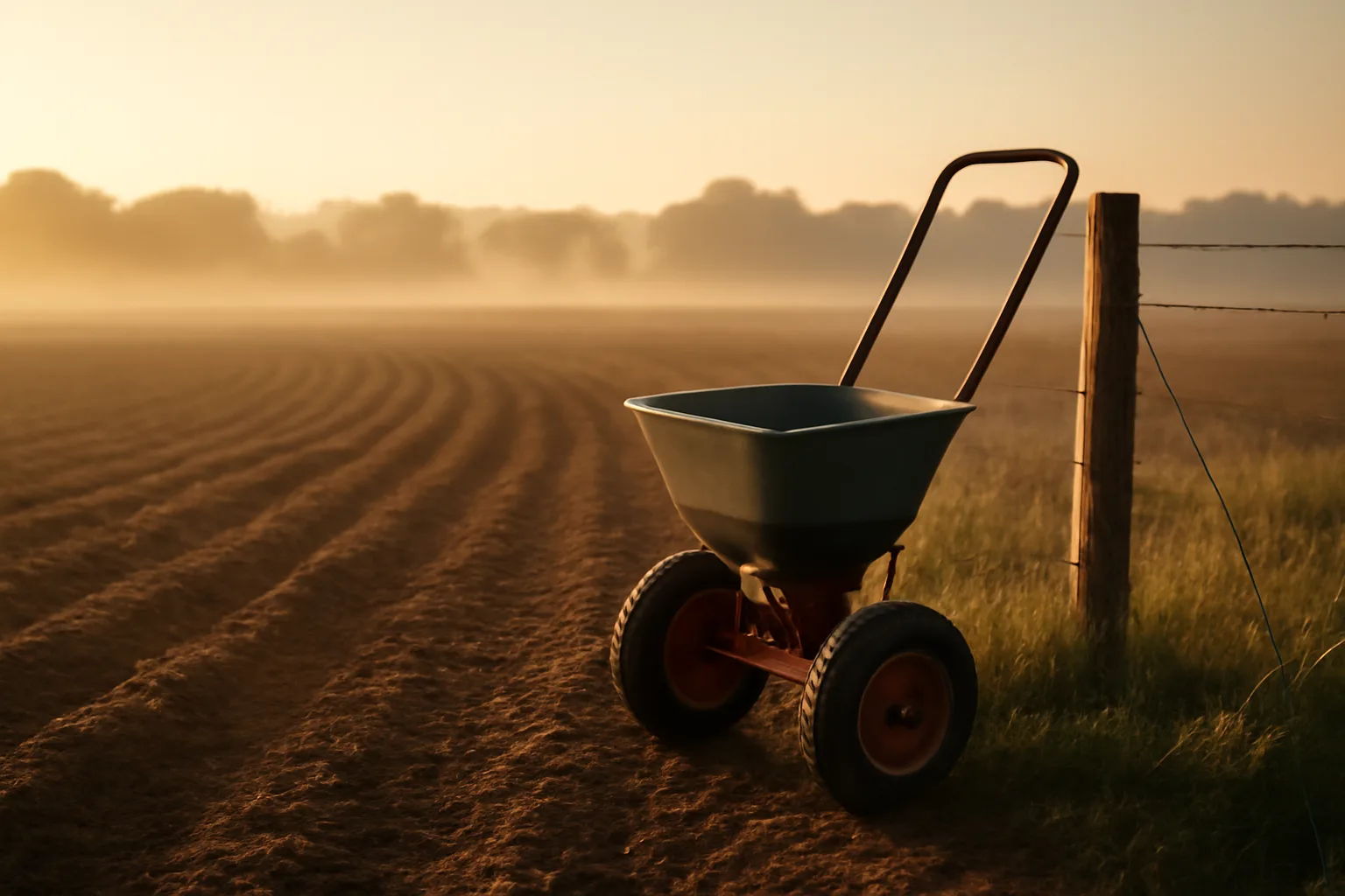 Freshly planted food plot field in October morning light with seed spreader