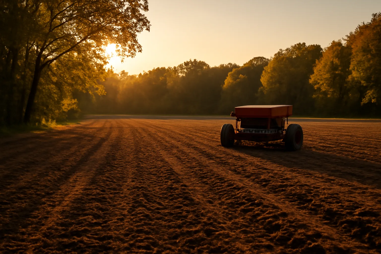 Freshly tilled food plot clearing in early September light with equipment parked at field edge