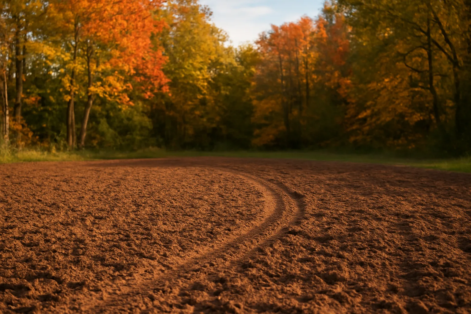 Freshly planted deer food plot bordered by autumn hardwoods in September light