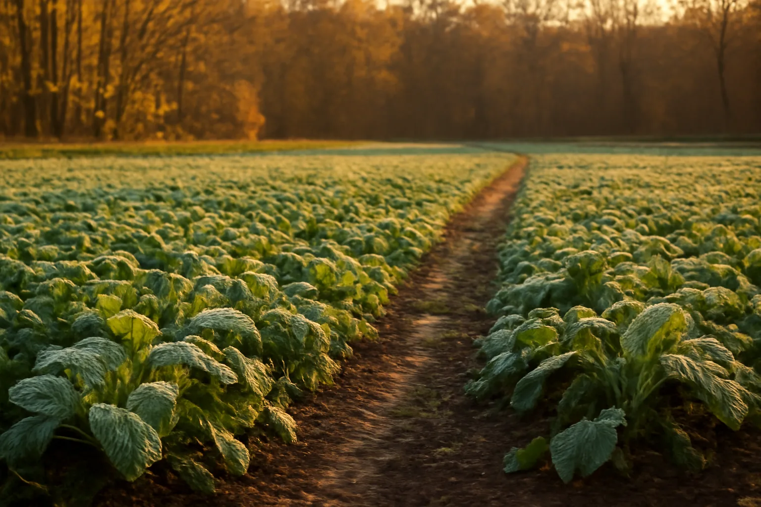 Frosted fall deer food plot with turnip greens bordering a hardwood tree line at dusk