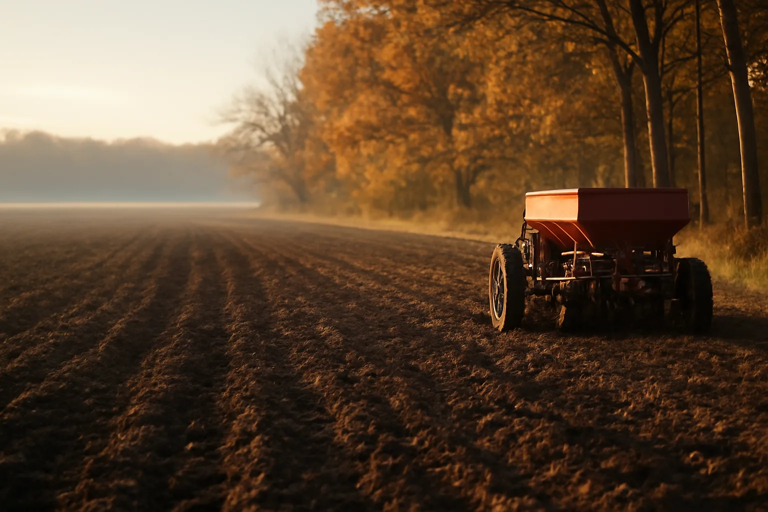 Freshly tilled fall food plot field edge with equipment parked near hardwood tree line