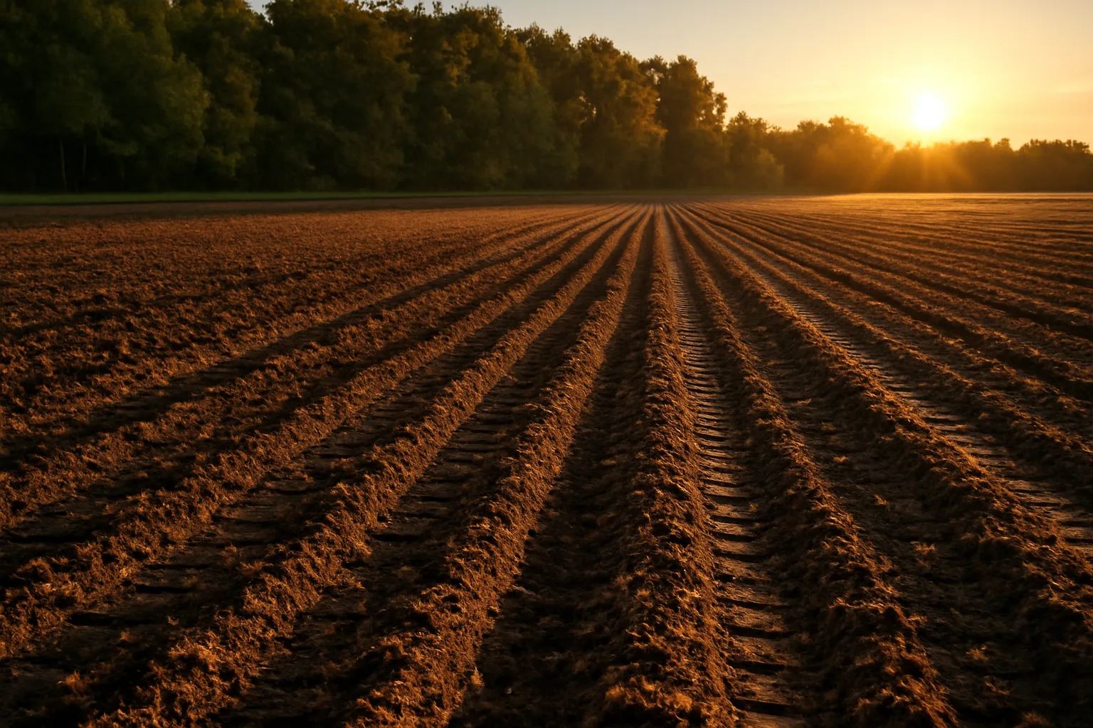 Freshly tilled fall planted food plot field bordered by autumn woods at sunset
