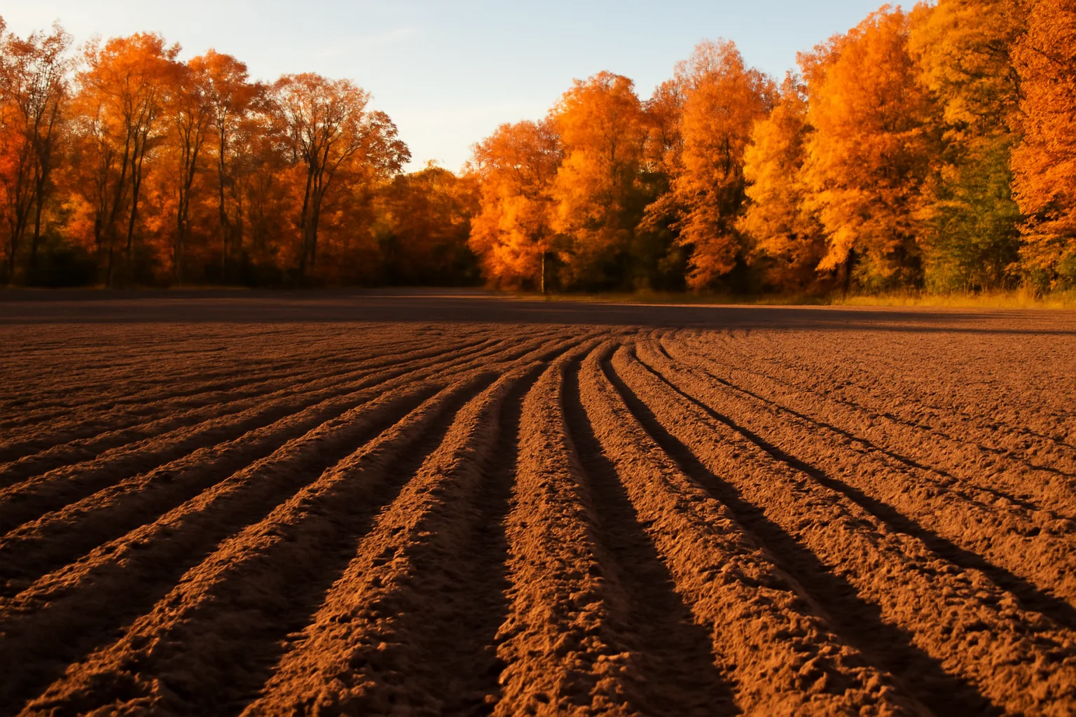 Freshly tilled fall food plot field bordered by autumn trees at sunset