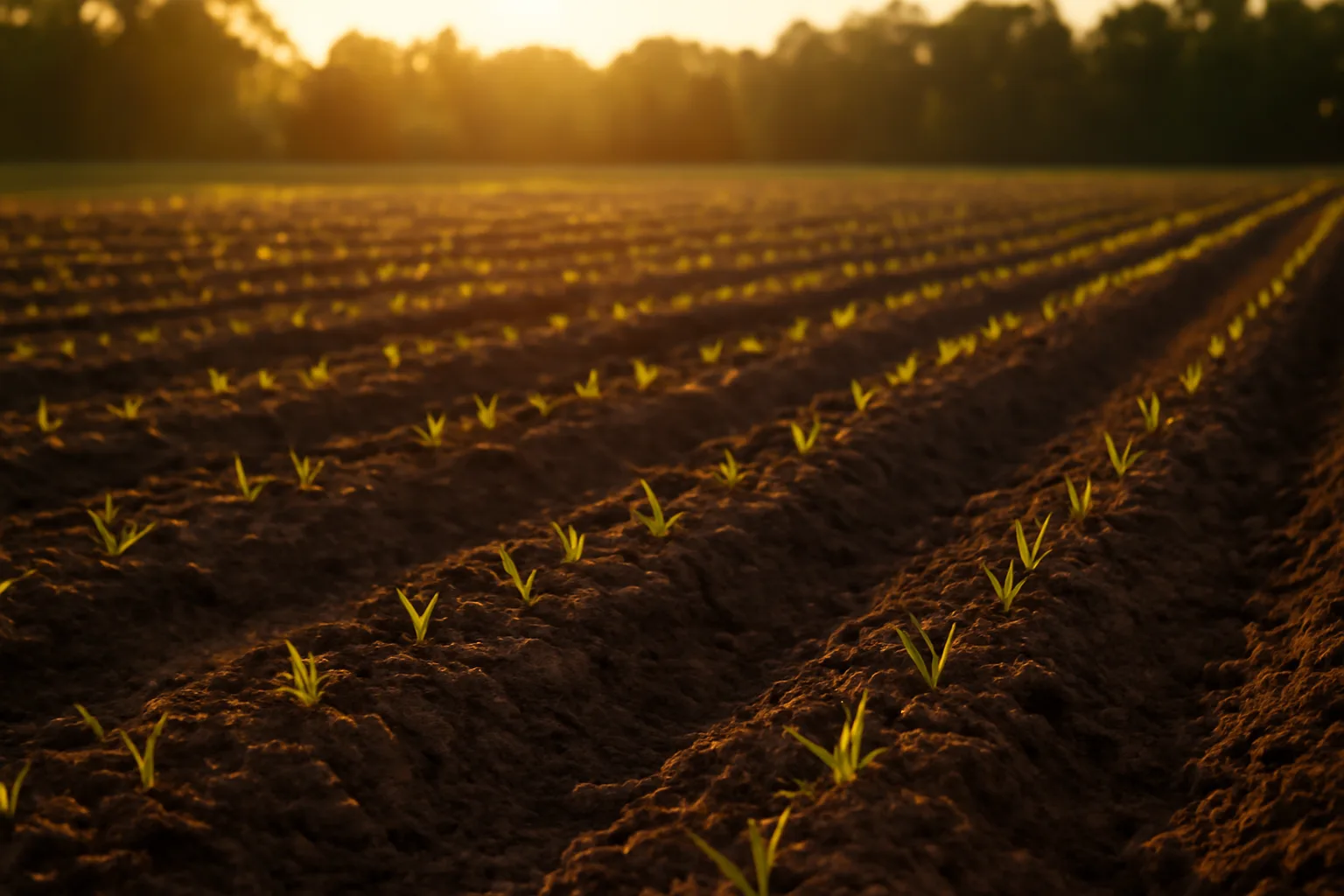 Freshly planted food plot rows with young oat sprouts in late August light