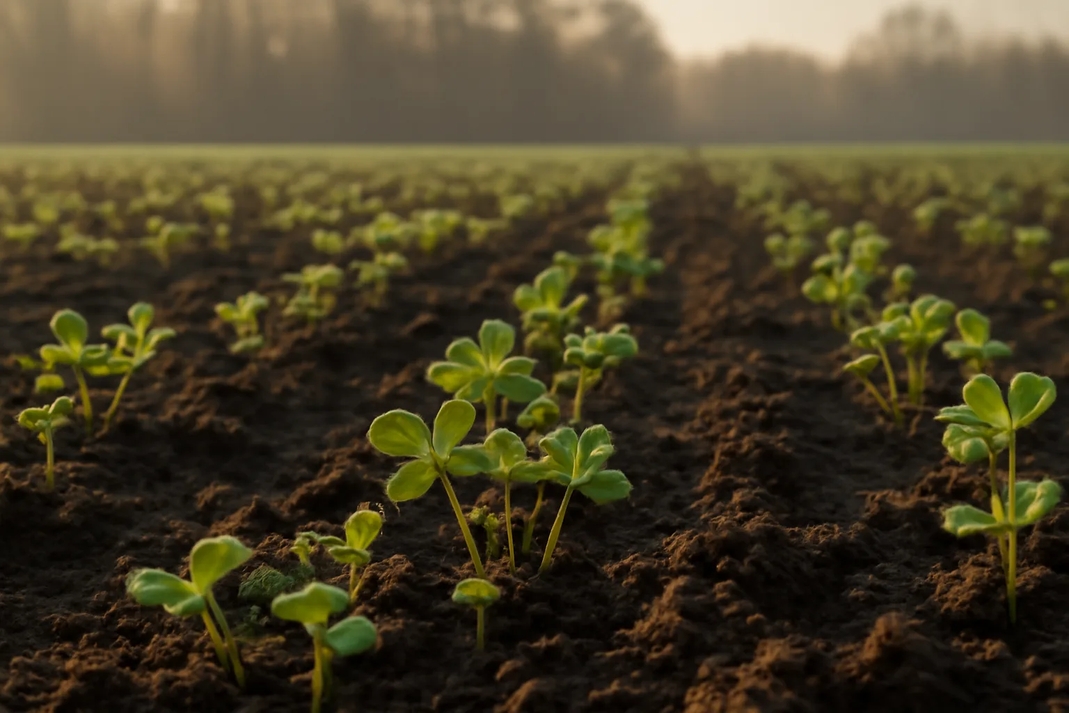 Fresh clover food plot for deer growing in spring soil at sunrise