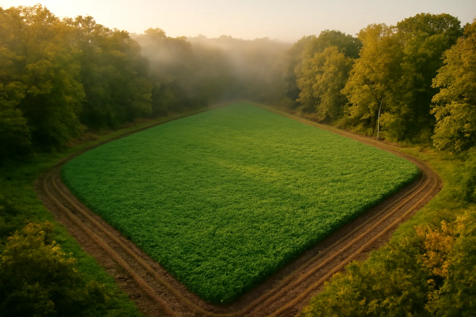 Overhead view of a clover food plot for deer bordered by autumn hardwood timber