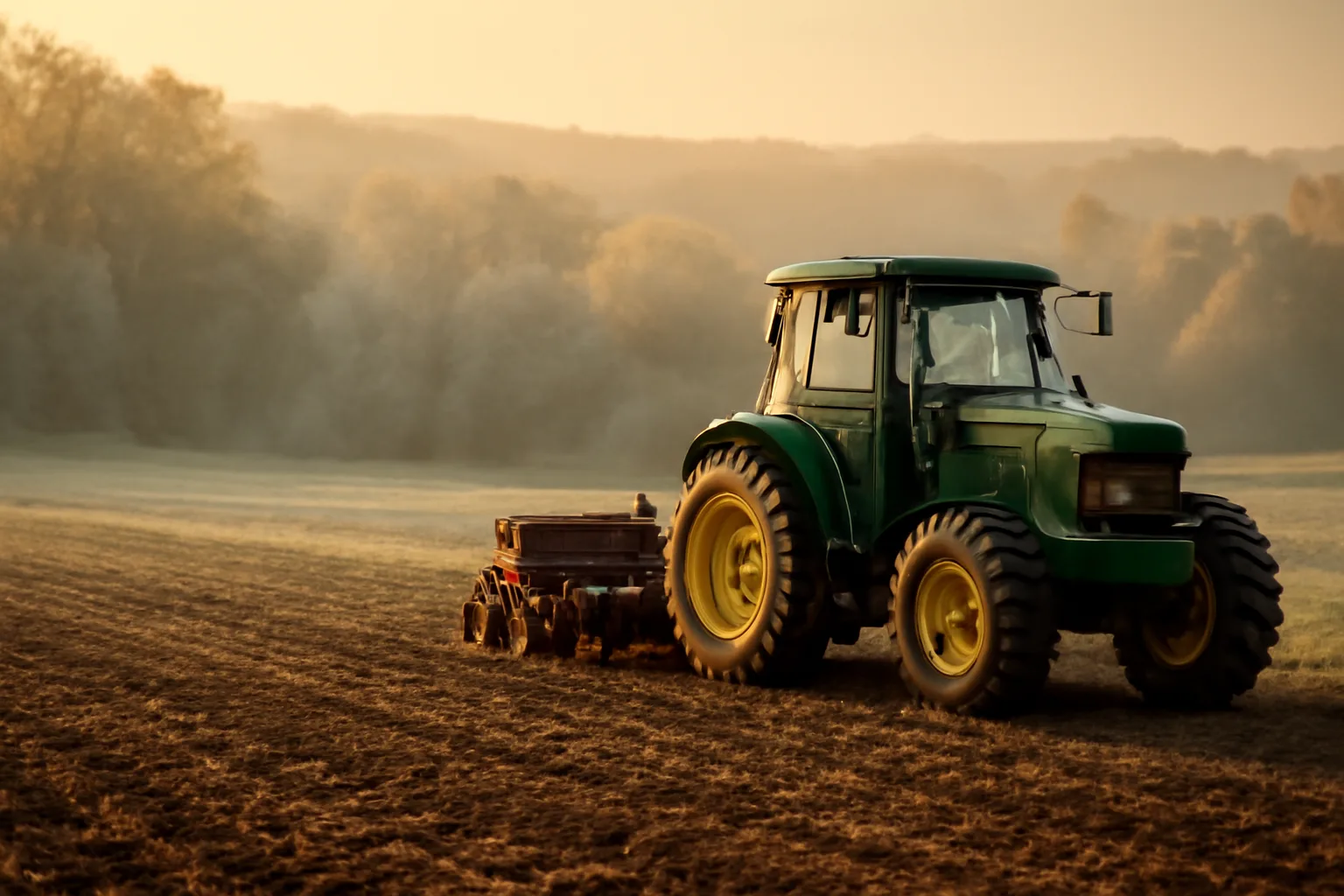 Tractor and drill parked beside a partly planted fall food plot near frost