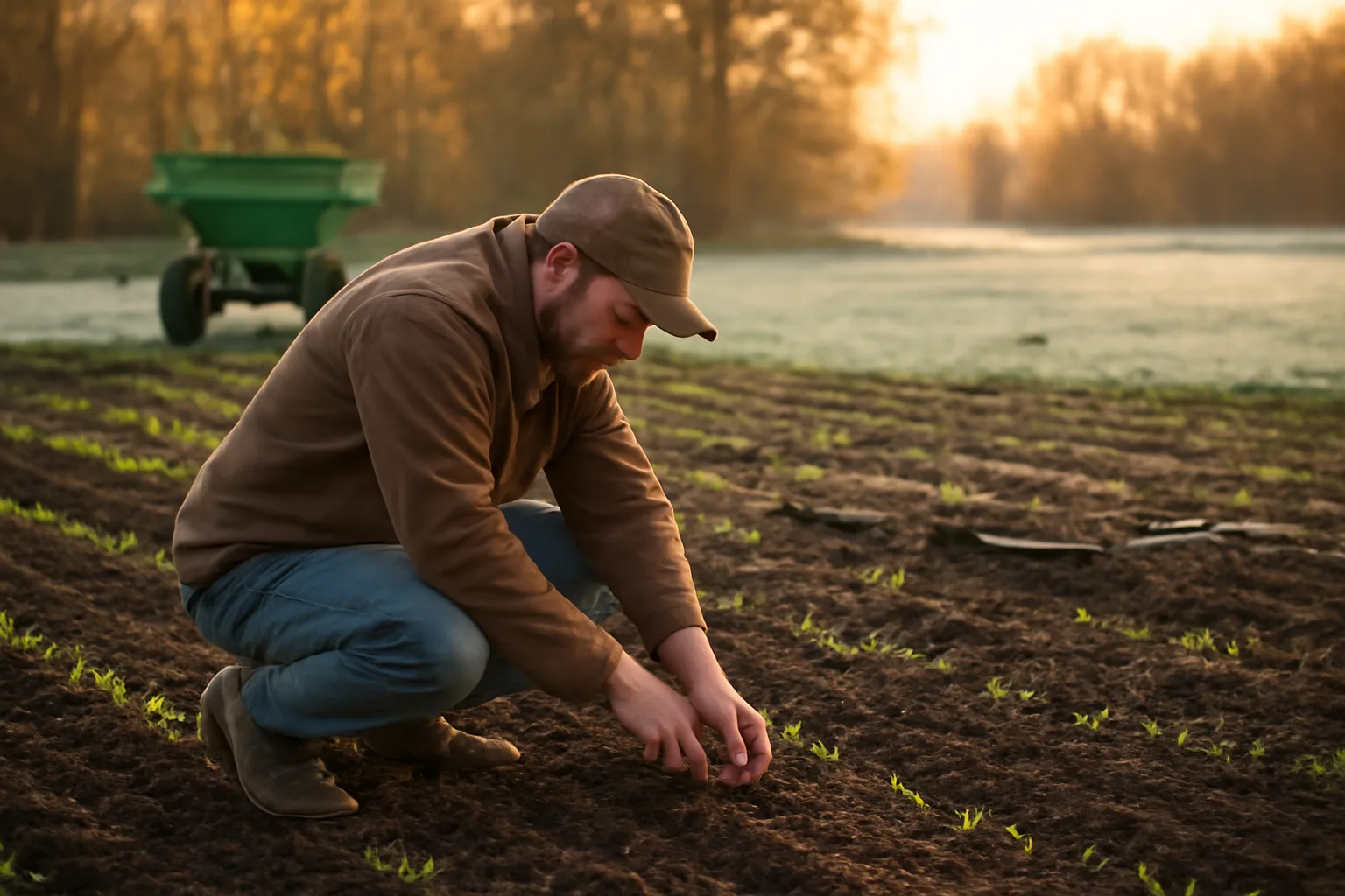 Farmer checking soil in a late-season food plot near frost-covered tree line