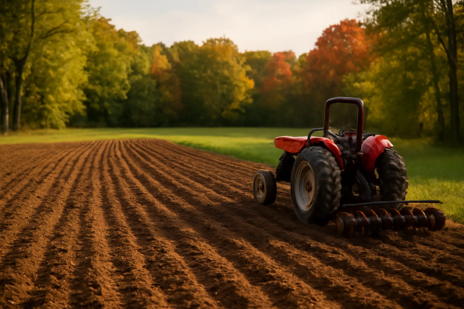 Freshly tilled fall food plot for deer bordered by autumn hardwoods at dusk
