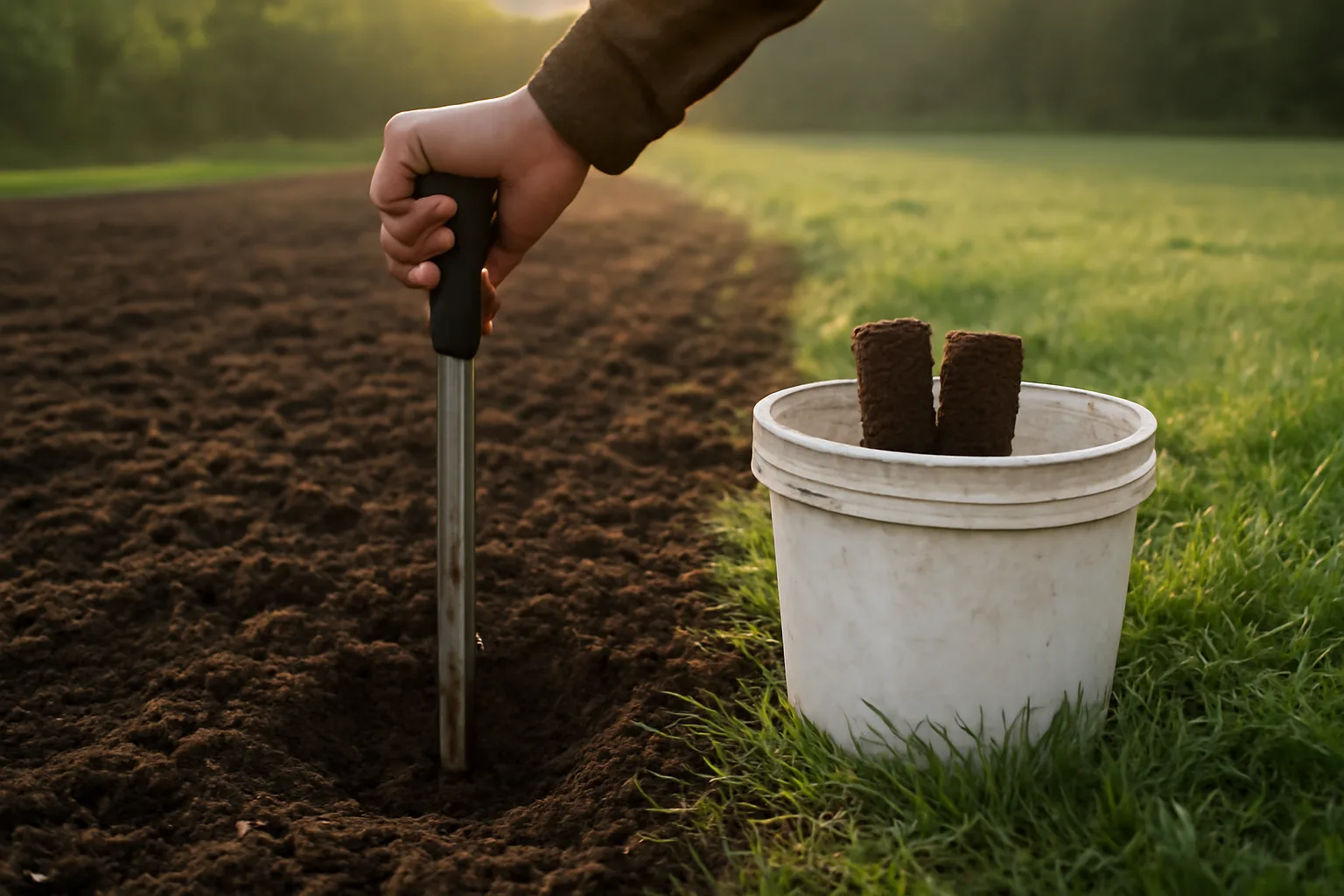 hand using a soil probe to pull a core sample at a food plot edge