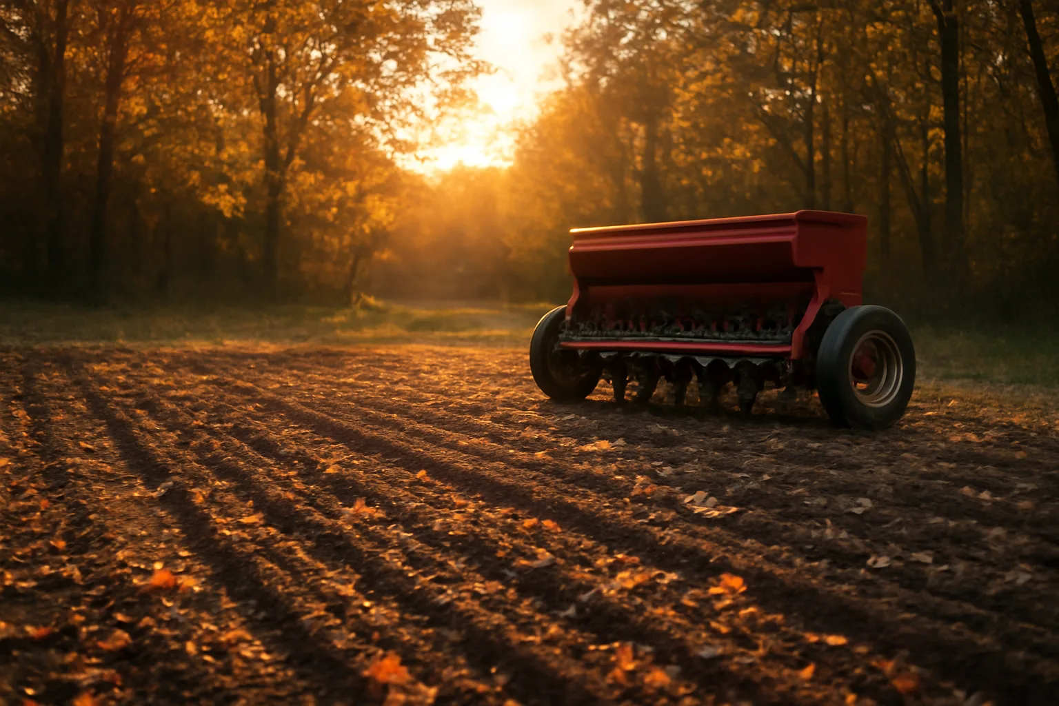 Fall food plot clearing with grain drill and freshly planted soil rows at dusk