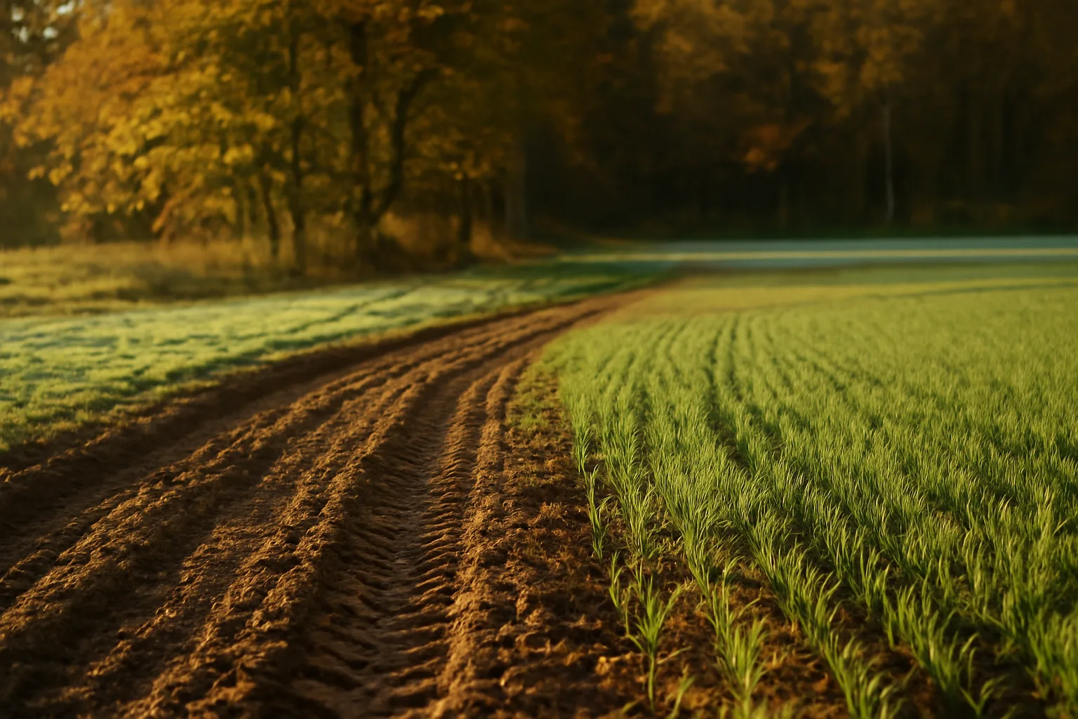 Tractor tracks through a partly planted fall food plot clearing at dusk