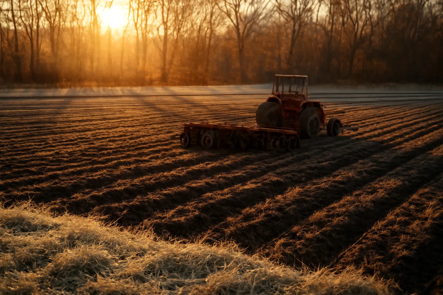 Tractor and disk in a partly planted food plot under late fall light