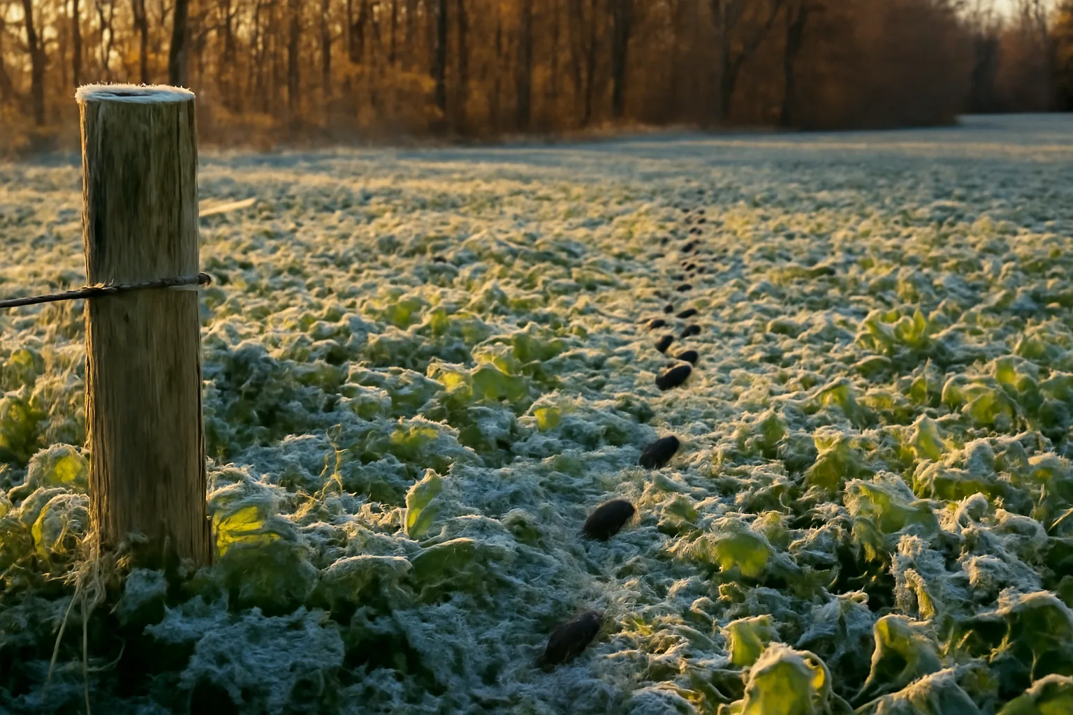 Frosted turnip and oat late season food plot at timber edge in winter light