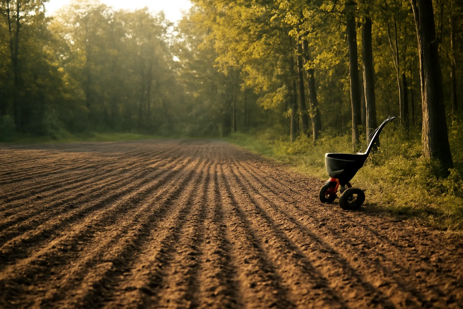Freshly tilled Michigan food plot clearing at sunrise surrounded by hardwood trees