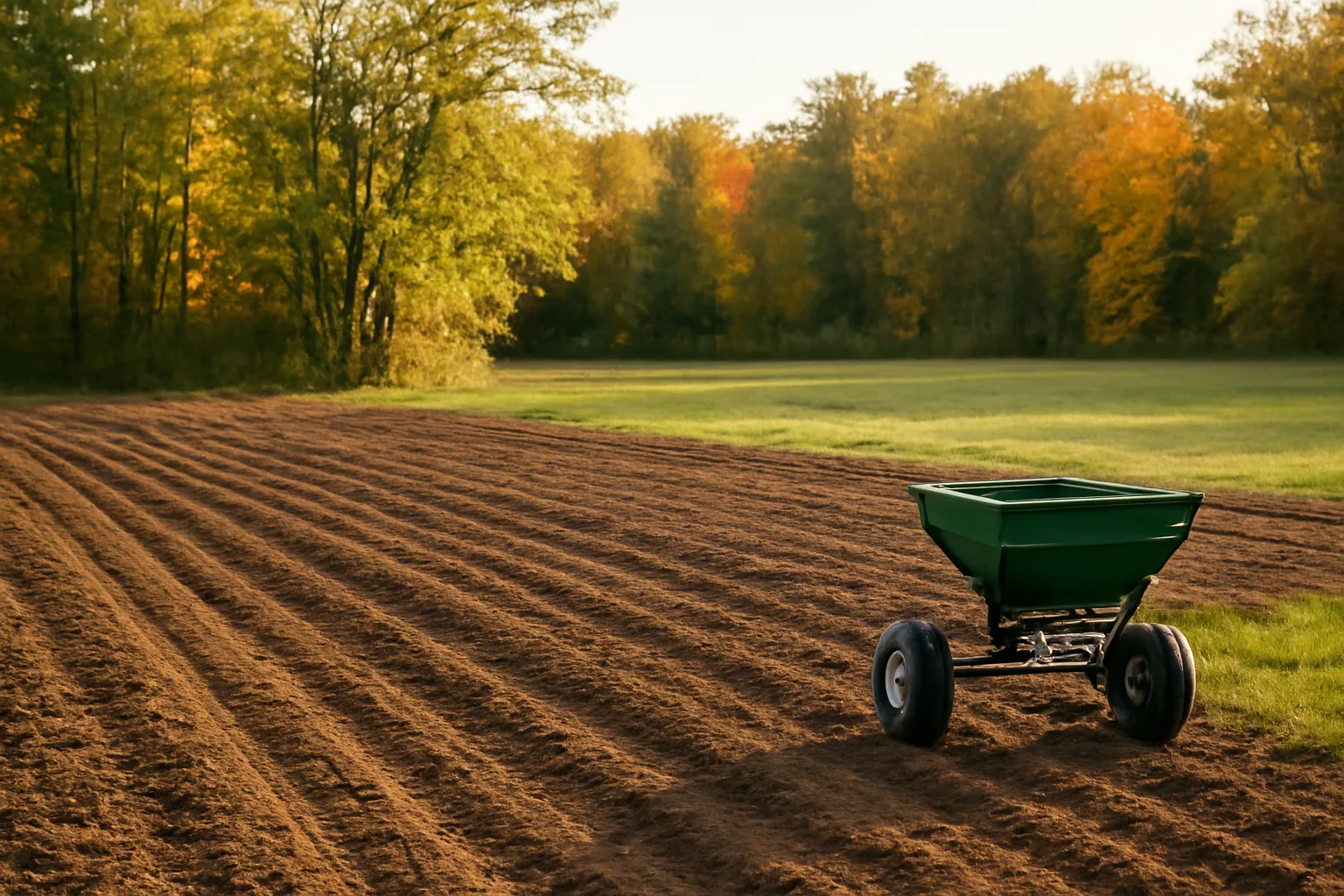 Freshly tilled Michigan food plot at forest edge in early fall light