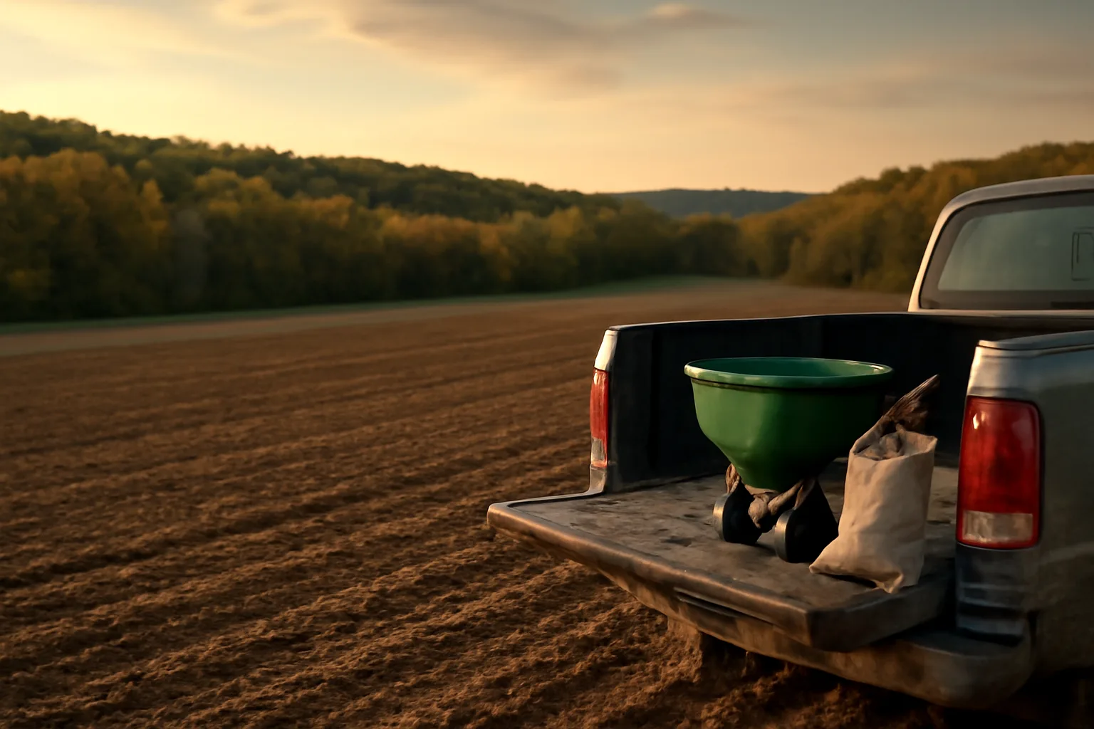 Freshly tilled Missouri food plot at sunset ready for fall planting