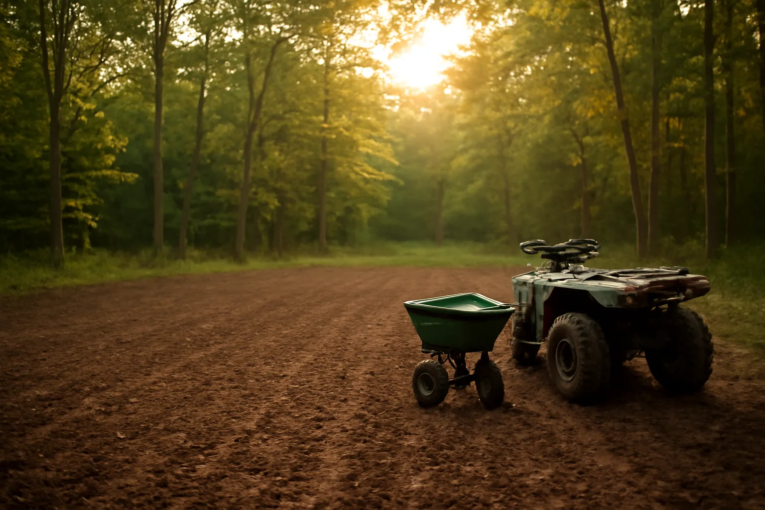 Freshly prepared fall food plot seedbed at forest edge during golden hour