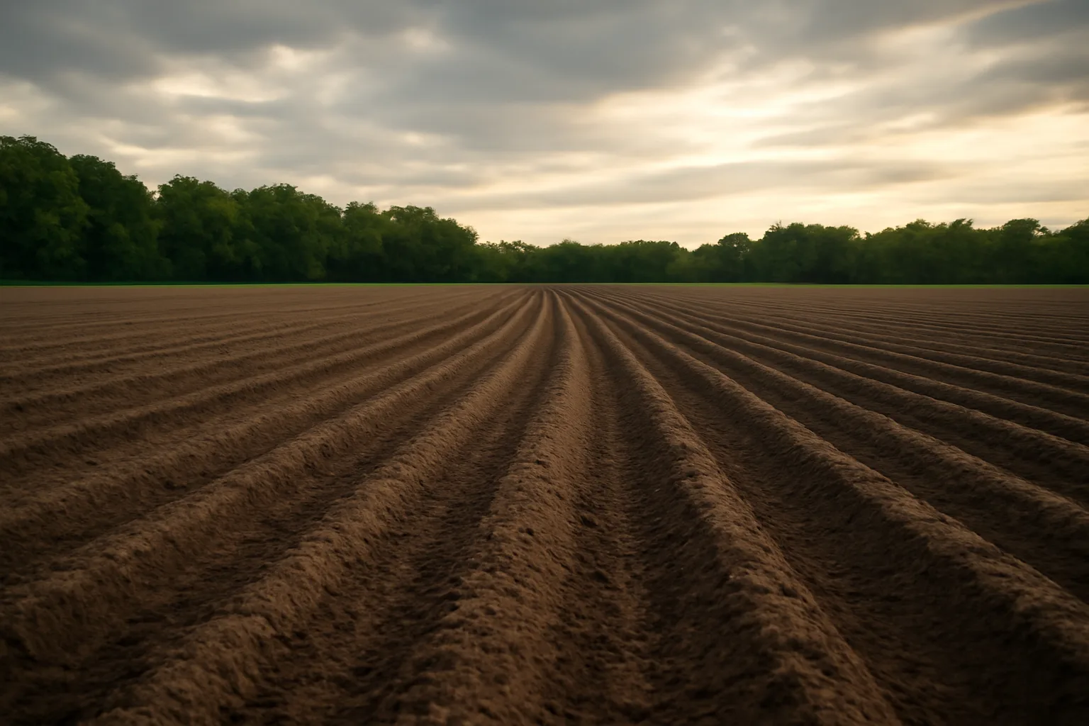 Freshly tilled food plot field ready for planting in late July light