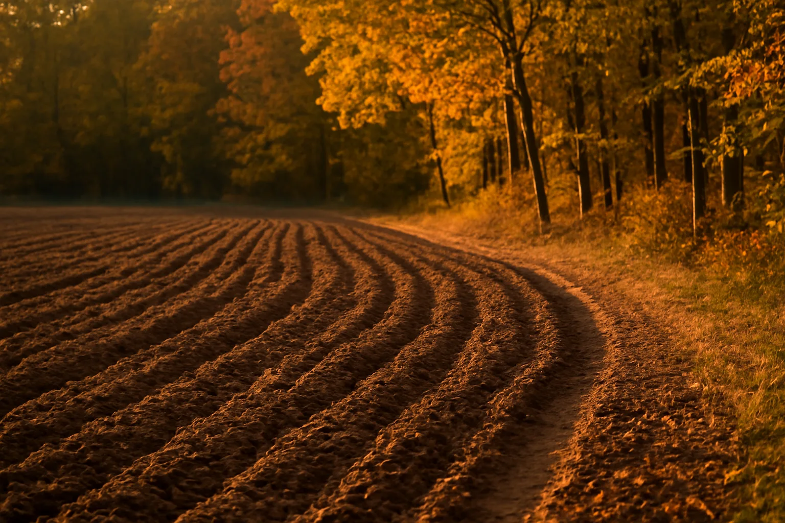 Freshly tilled fall food plot bordering a hardwood tree line at sunset