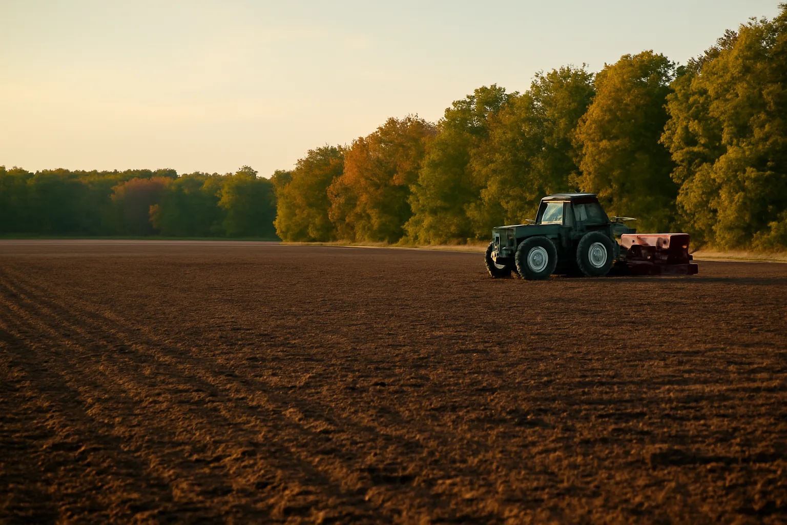 Freshly tilled food plot field ready for September planting at sunset