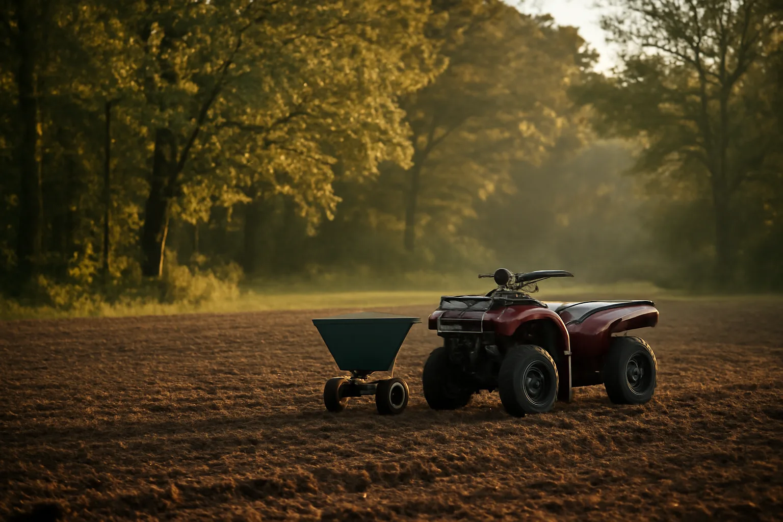 Freshly tilled late summer food plot field bordered by hardwood trees at dusk