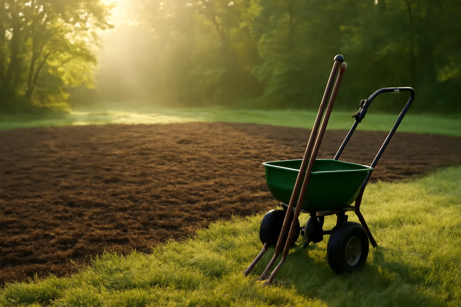 Freshly tilled spring food plot clearing at dawn with hand tools at the edge