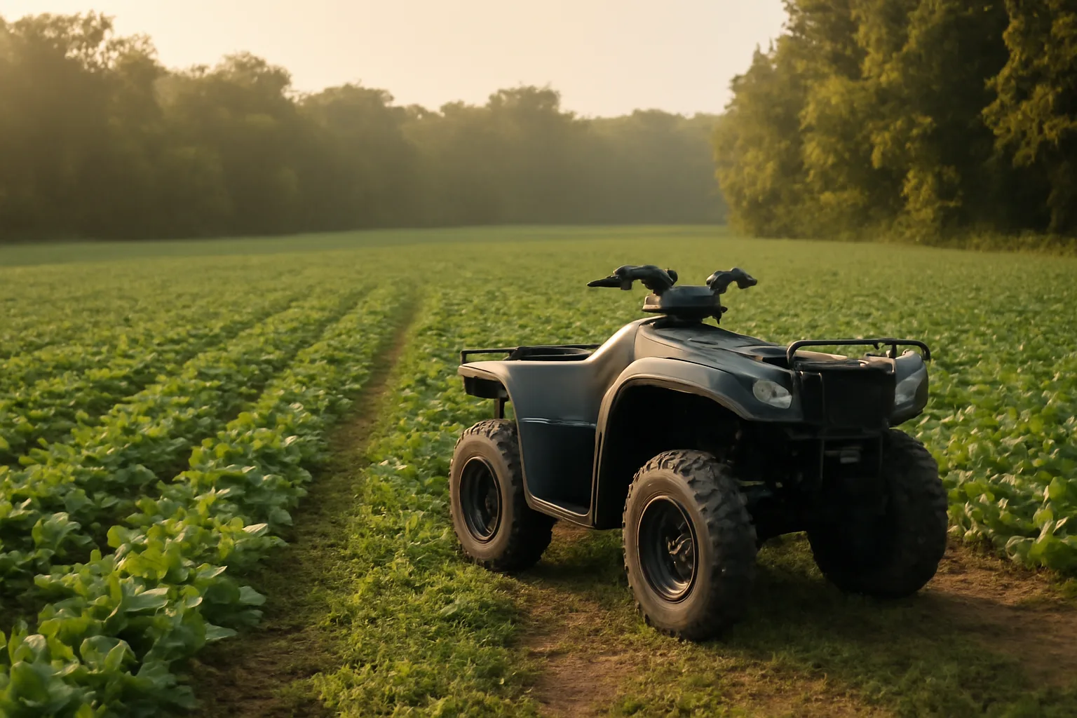 Summer food plot rows of clover and turnips bordered by hardwood tree line