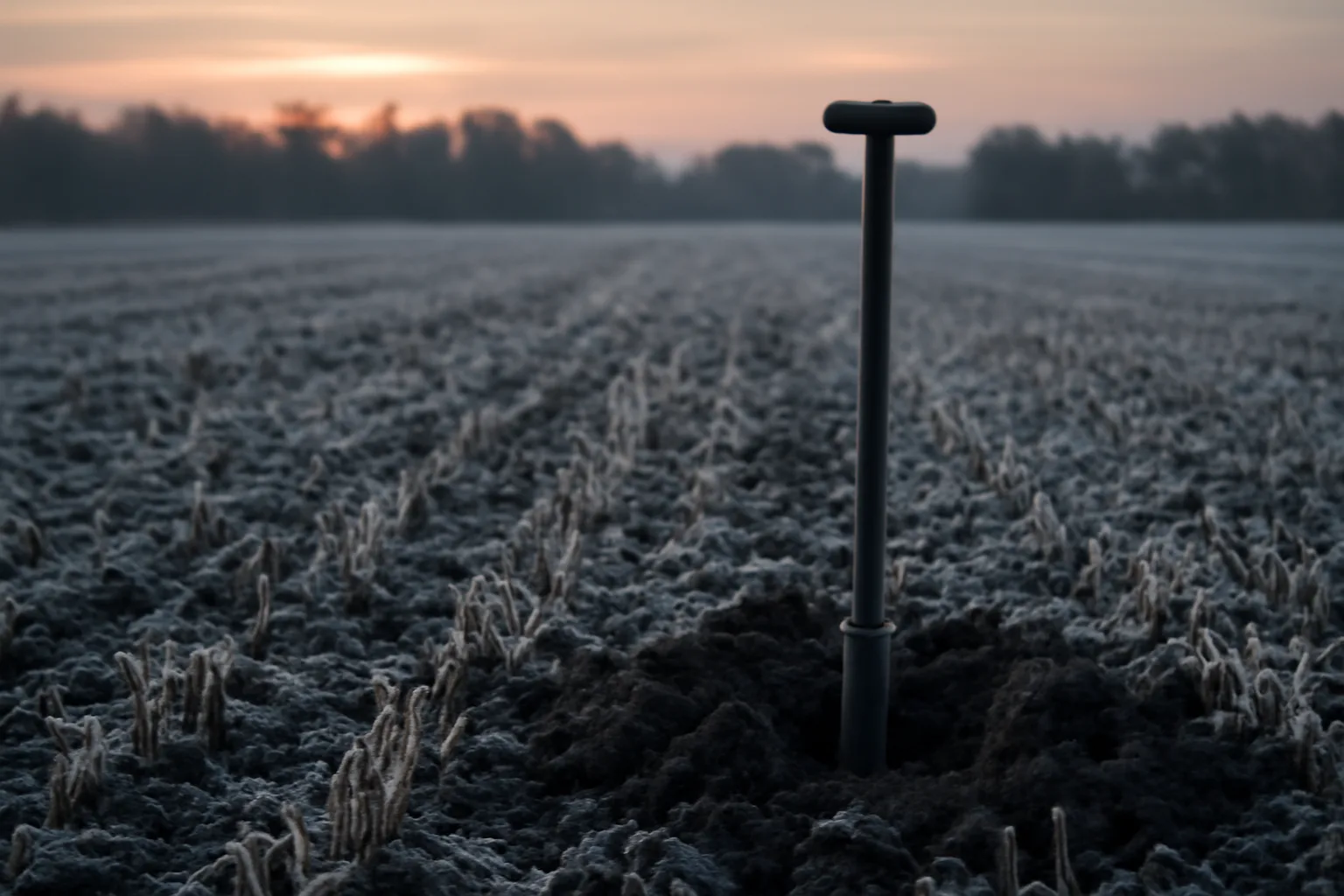 Frosted November food plot field with soil probe in freshly turned dirt
