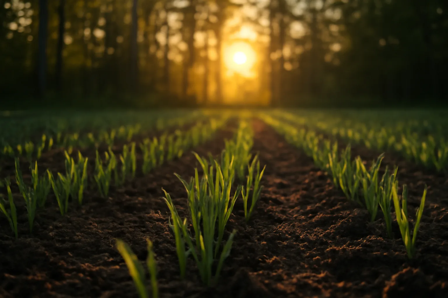 Green cereal grain seedlings emerging in a tilled fall food plot at sunrise