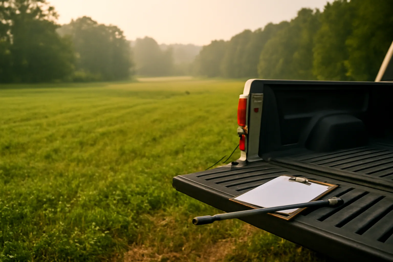 Mowed clover food plot edge in July with soil probe on a truck tailgate