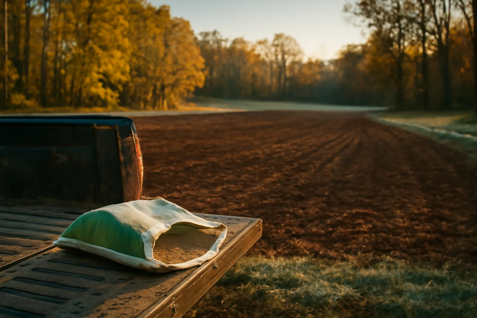 Freshly tilled October food plot at dusk with truck tailgate and seed bag nearby