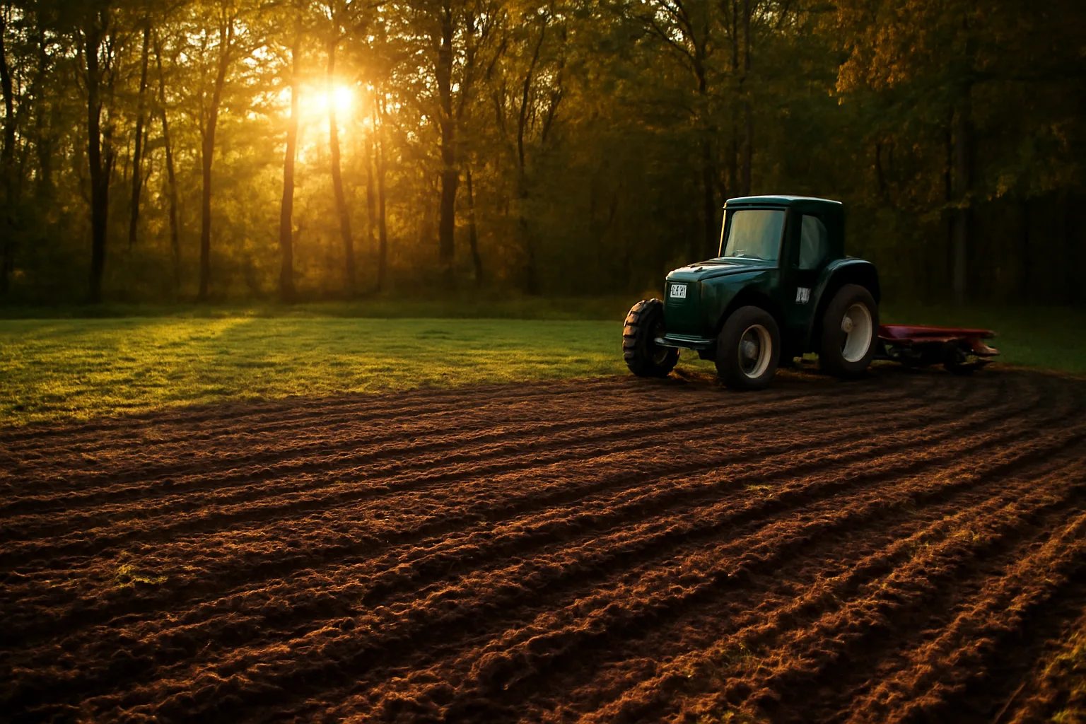 Freshly disced food plot clearing in autumn woods at golden hour