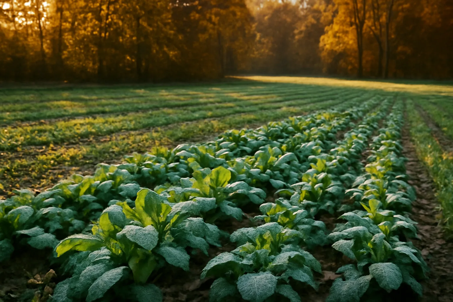 Frost-covered turnip and oat food plot rows bordered by autumn hardwoods at dusk