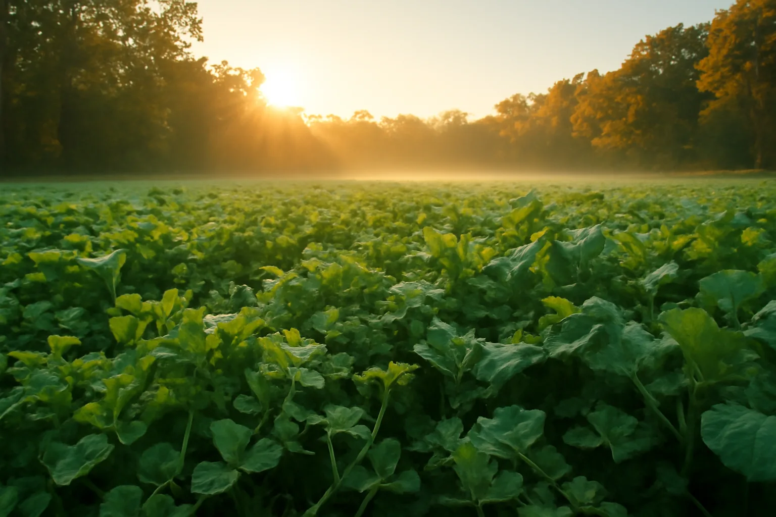 Clover and brassica food plot for deer bordered by Michigan hardwood forest at dawn