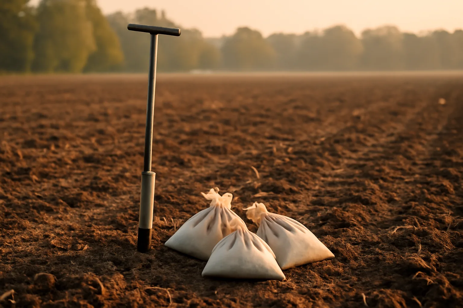 Soil sample bags and probe resting on freshly tilled food plot soil at dusk