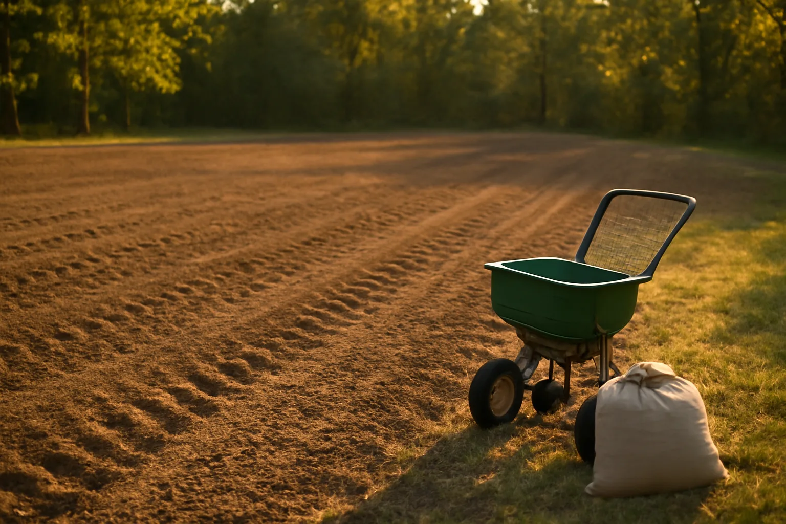 Freshly tilled deer food plot at forest edge ready for planting in late summer light