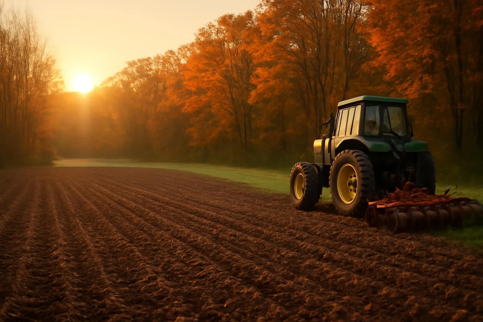 Freshly tilled deer food plot at forest edge in early morning light