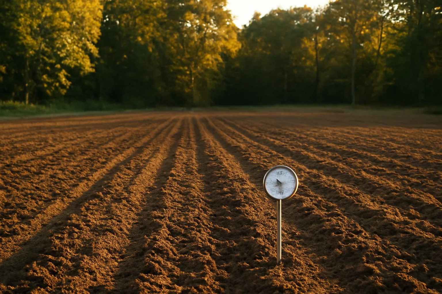 Freshly worked deer food plot at dusk with soil thermometer and drill tracks in September