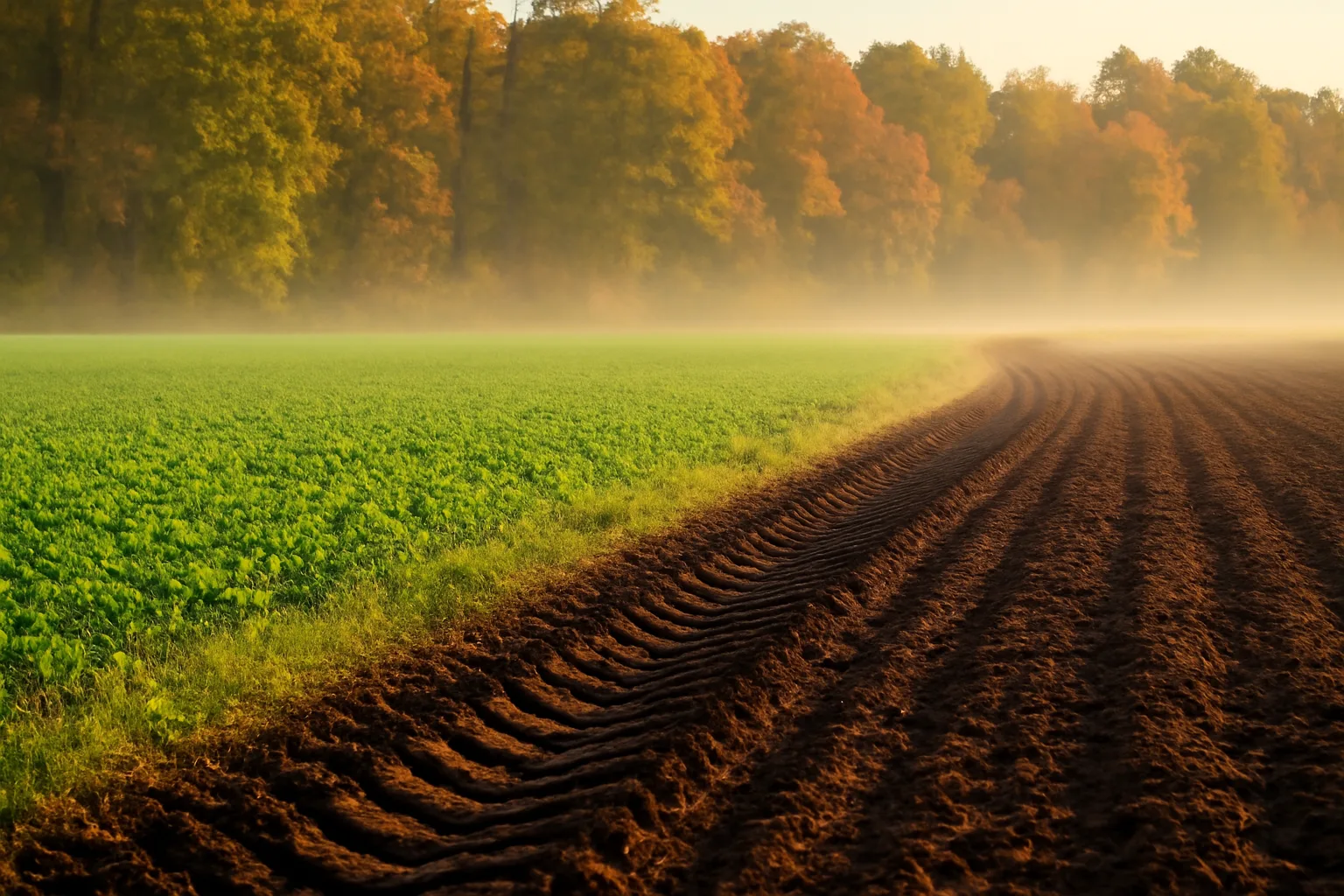 Freshly planted food plot at the edge of autumn hardwoods in early morning light