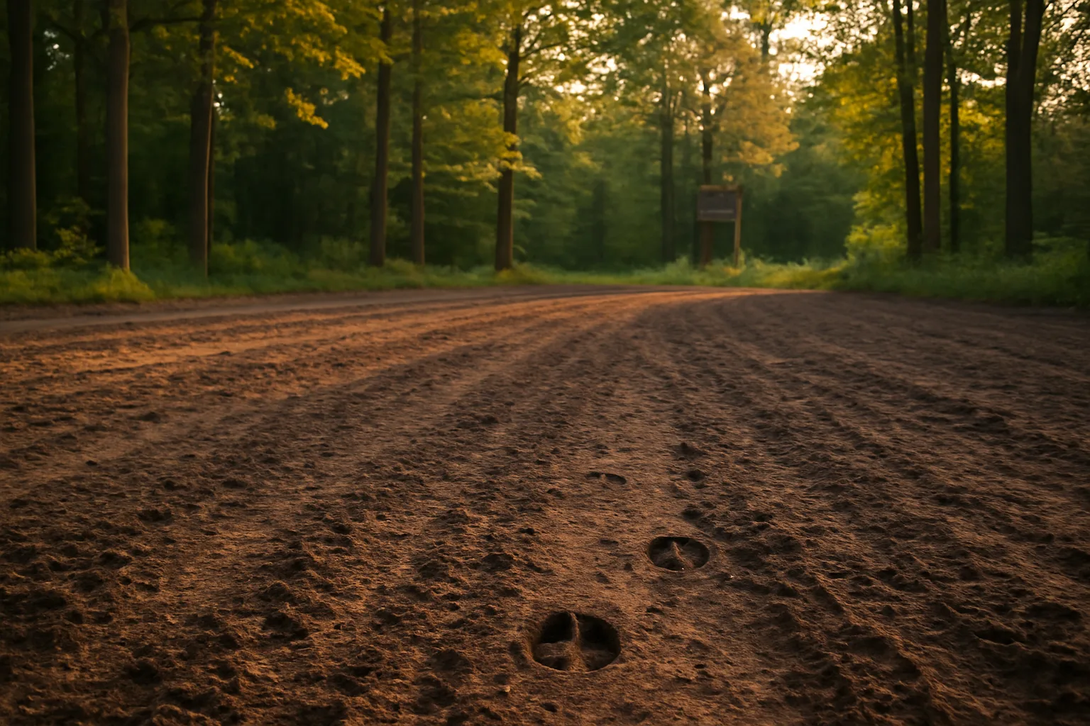 Freshly tilled Michigan food plot in a forest clearing at sunset in late summer
