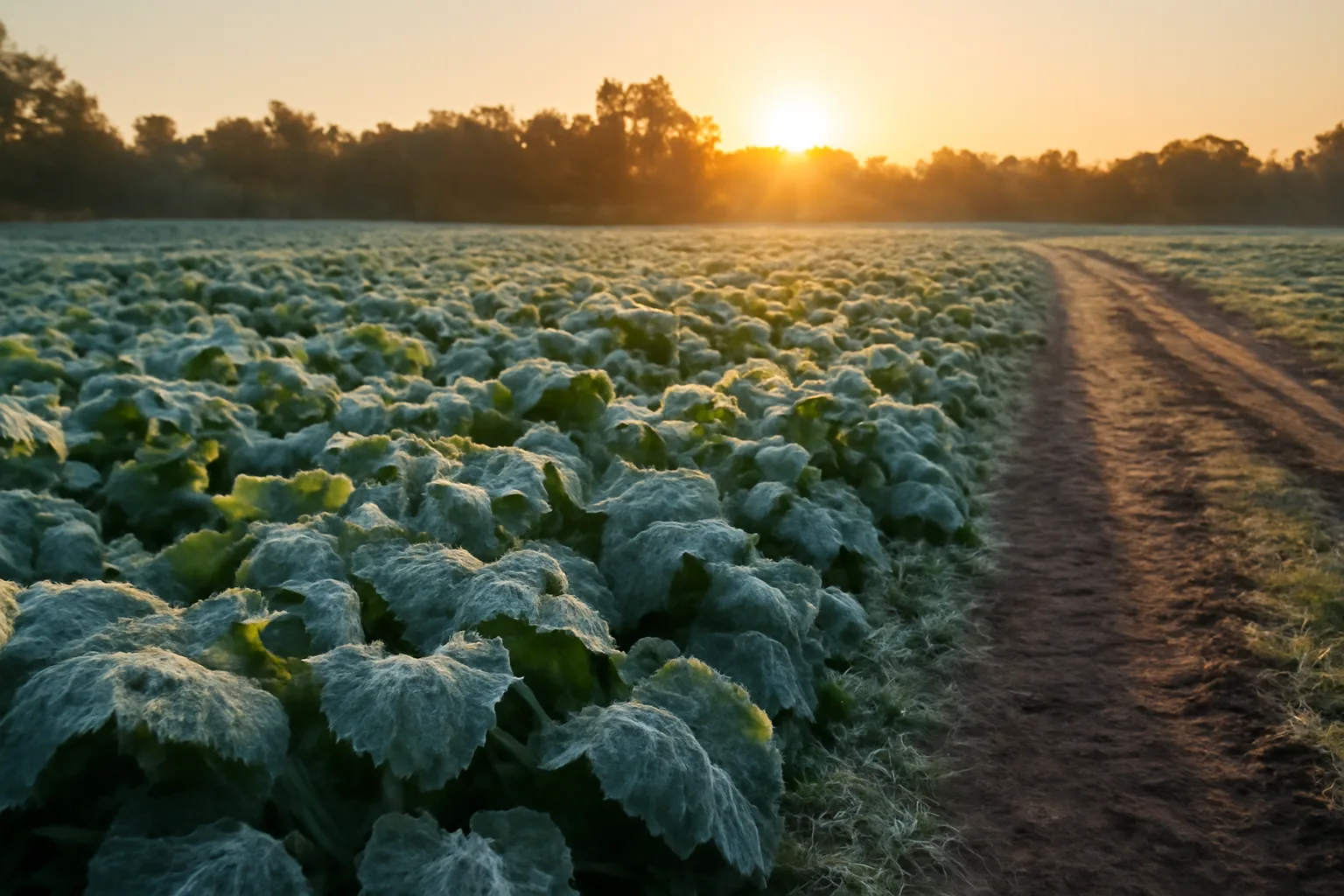 Frost covers a green turnip and brassica food plot at sunrise