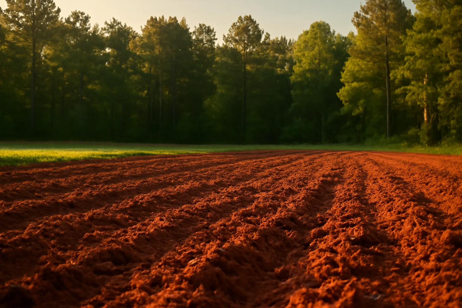 Freshly tilled food plot soil at dusk in the Alabama piedmont near a pine tree line