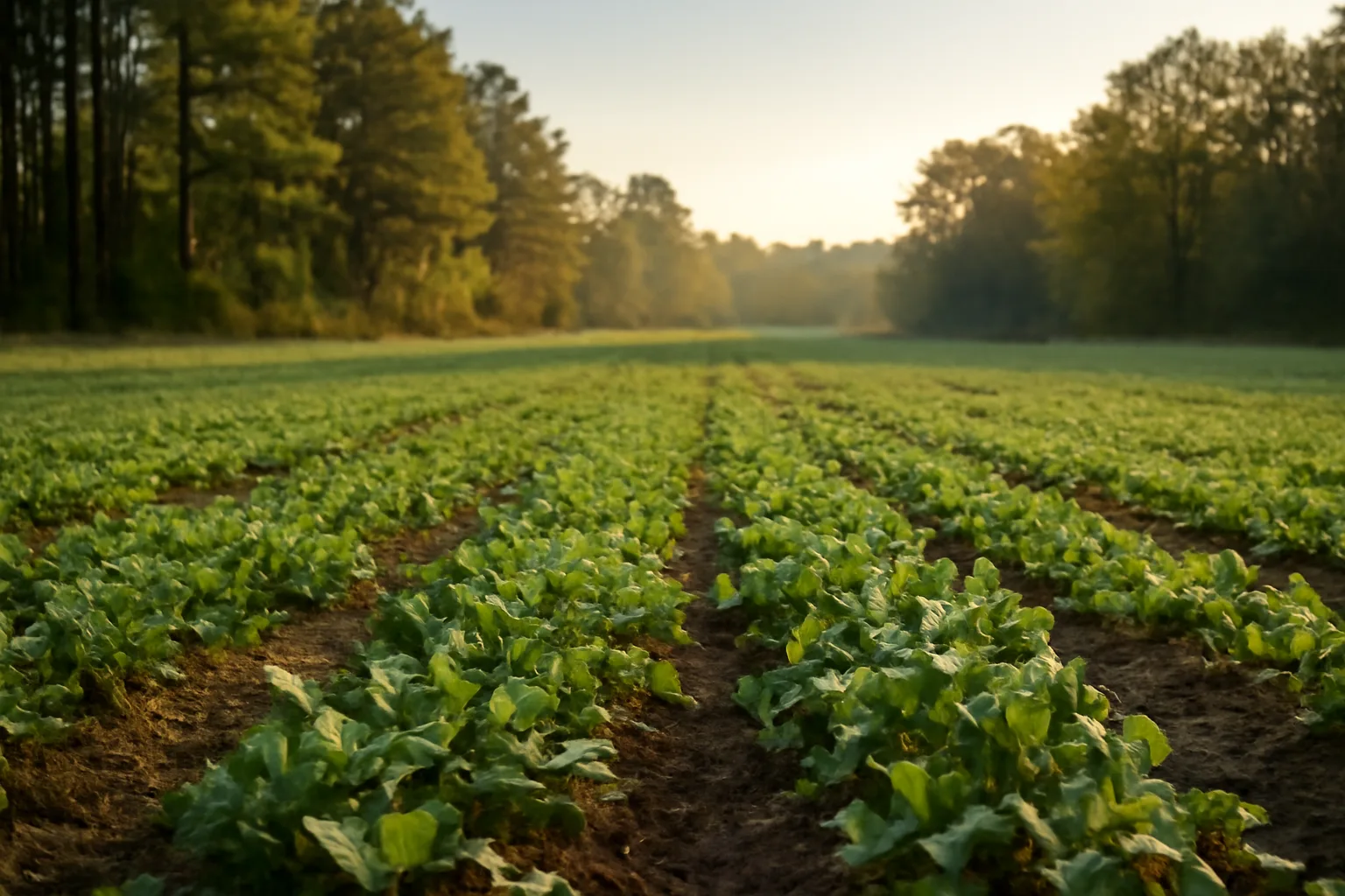Freshly planted clover food plot at dawn in Georgia woodland setting