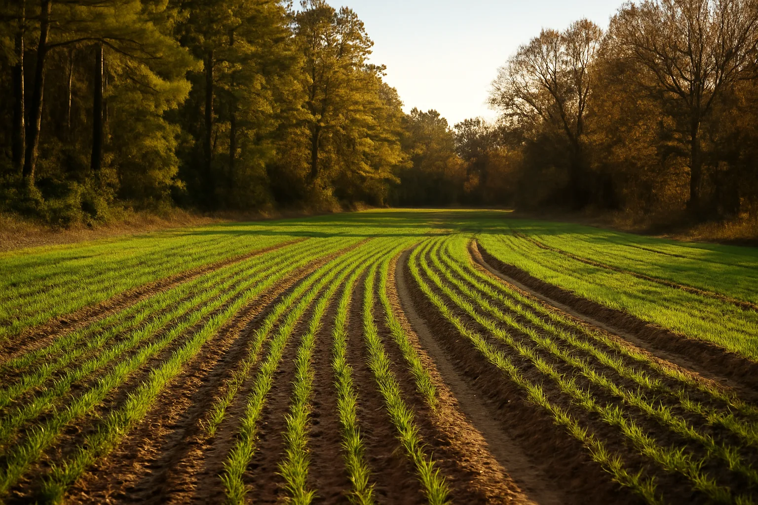 Freshly planted deer food plot at golden hour in rural Louisiana woods