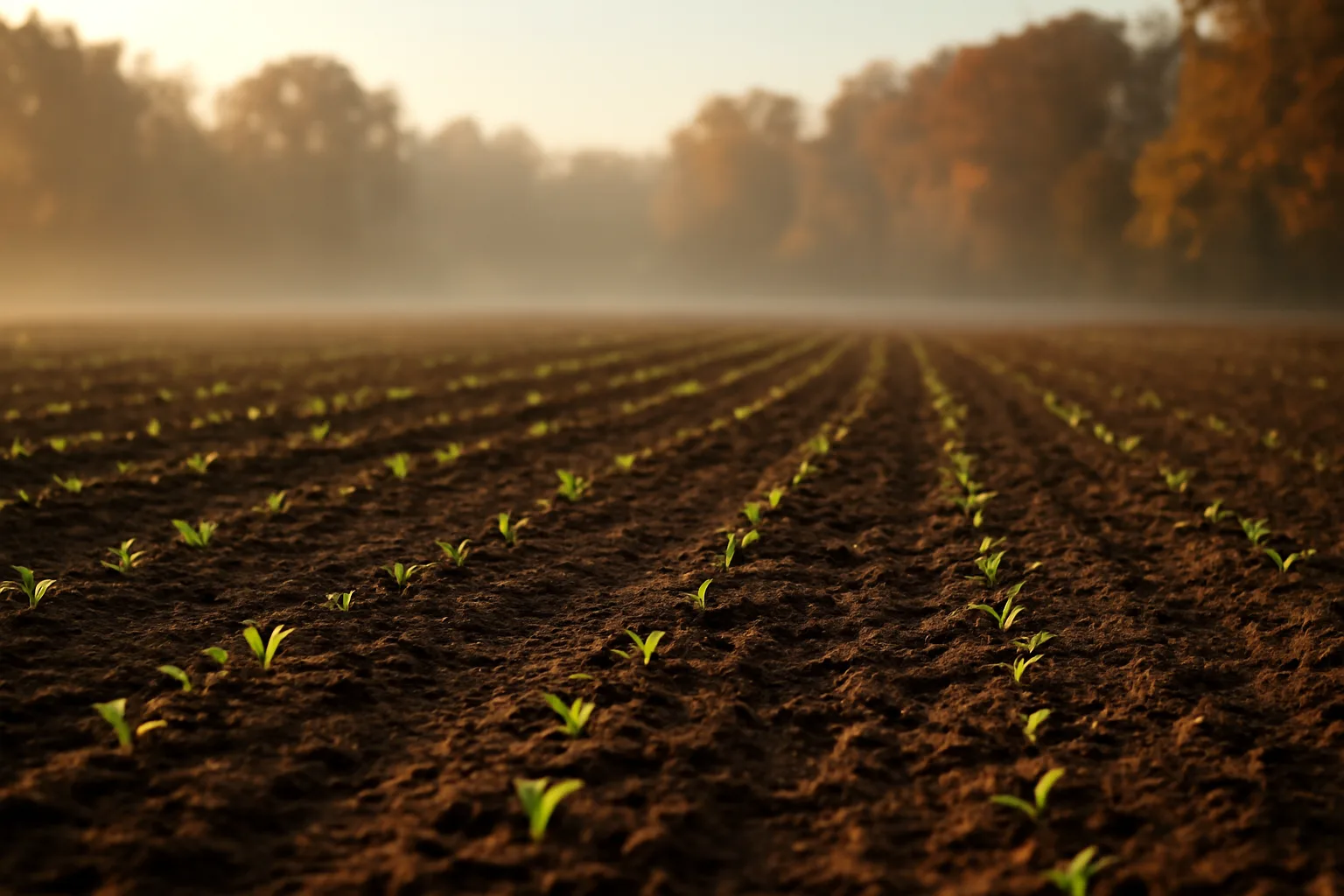 Freshly planted deer food plot field in Mississippi at sunrise with young clover rows