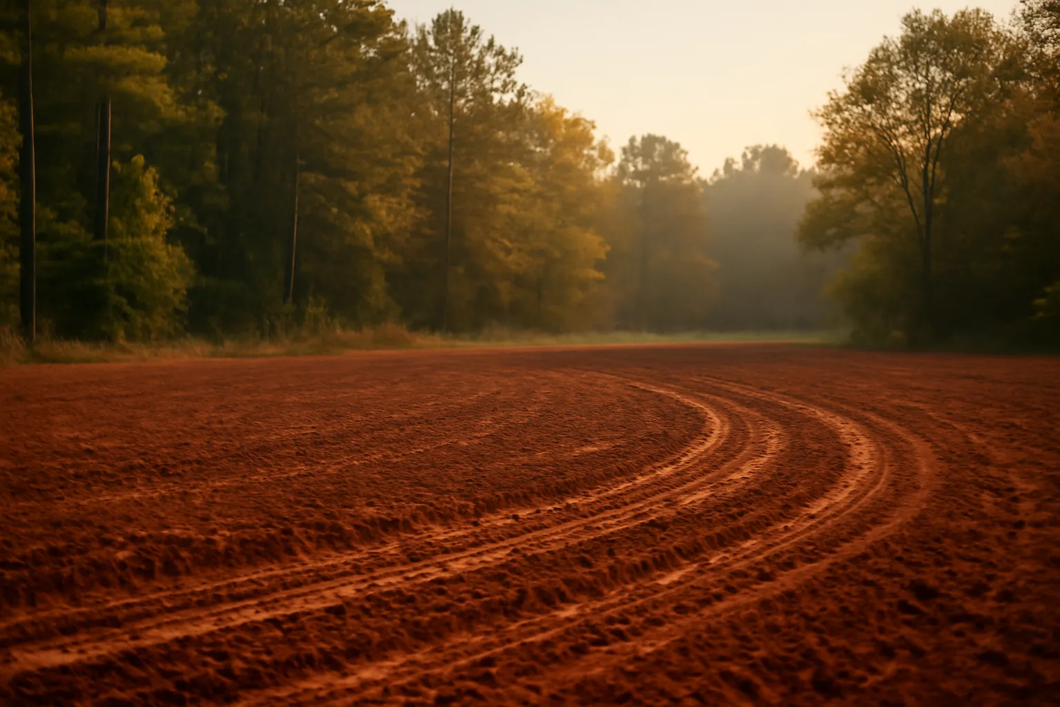 Freshly tilled food plot clearing in South Carolina pine woods at dusk